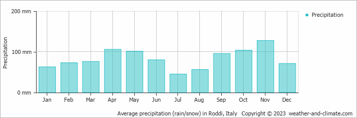 Average monthly rainfall, snow, precipitation in Roddi, Italy