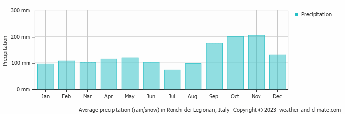 Average monthly rainfall, snow, precipitation in Ronchi dei Legionari, 