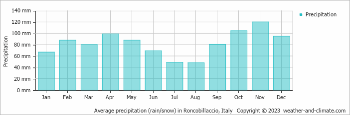Average monthly rainfall, snow, precipitation in Roncobillaccio, Italy