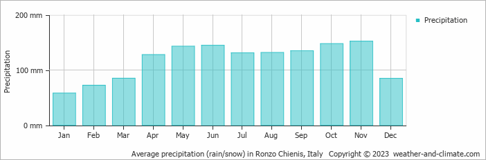 Average monthly rainfall, snow, precipitation in Ronzo Chienis, Italy