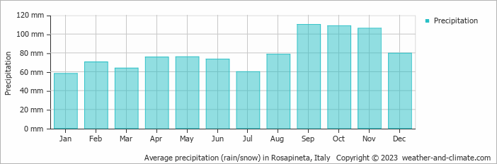 Average monthly rainfall, snow, precipitation in Rosapineta, Italy
