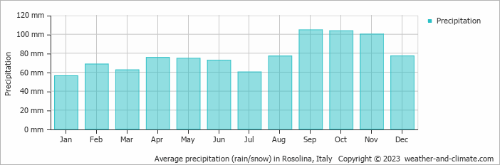 Average monthly rainfall, snow, precipitation in Rosolina, 