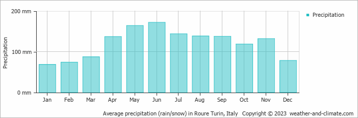 Average monthly rainfall, snow, precipitation in Roure Turin, Italy