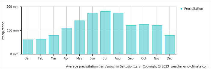 Average monthly rainfall, snow, precipitation in Saltusio, Italy