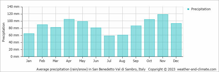 Average monthly rainfall, snow, precipitation in San Benedetto Val di Sambro, Italy