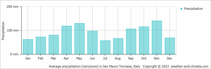 Average monthly rainfall, snow, precipitation in San Mauro Torinese, Italy