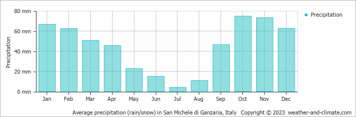Average monthly rainfall, snow, precipitation in San Michele di Ganzaria, Italy