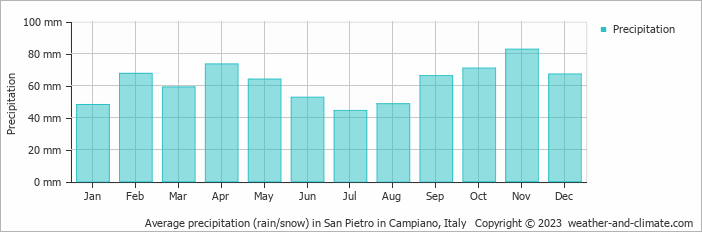 Average monthly rainfall, snow, precipitation in San Pietro in Campiano, Italy
