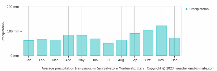 Average monthly rainfall, snow, precipitation in San Salvatore Monferrato, Italy