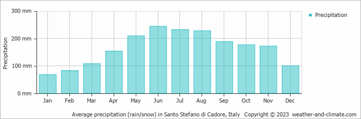 Average monthly rainfall, snow, precipitation in Santo Stefano di Cadore, Italy