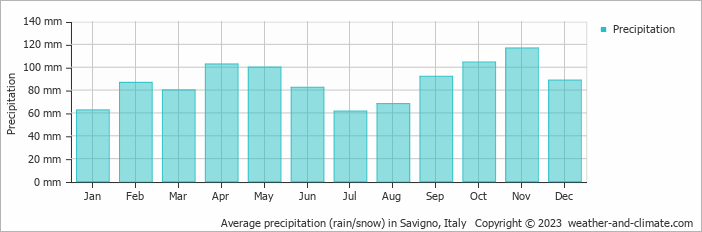 Average monthly rainfall, snow, precipitation in Savigno, Italy