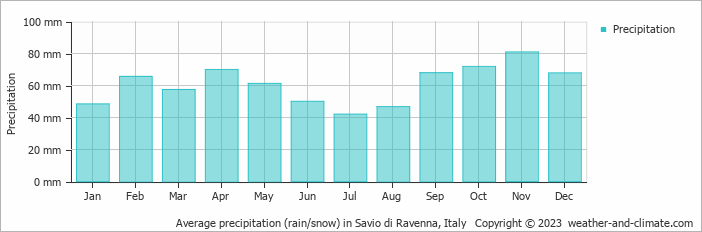 Average monthly rainfall, snow, precipitation in Savio di Ravenna, Italy