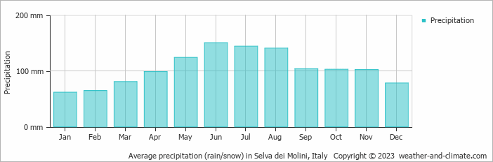 Average monthly rainfall, snow, precipitation in Selva dei Molini, Italy