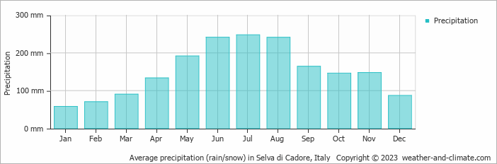 Average monthly rainfall, snow, precipitation in Selva di Cadore, Italy