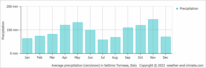Average monthly rainfall, snow, precipitation in Settimo Torinese, Italy