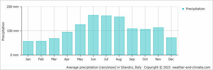 Average monthly rainfall, snow, precipitation in Silandro, 