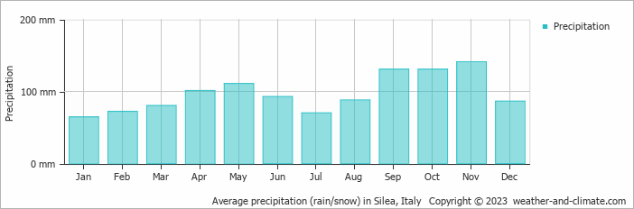 Average monthly rainfall, snow, precipitation in Silea, Italy