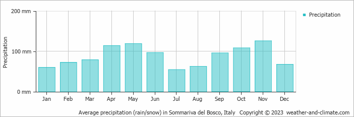 Average monthly rainfall, snow, precipitation in Sommariva del Bosco, Italy