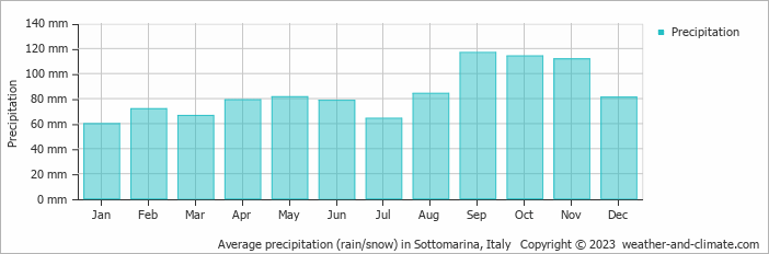 Average monthly rainfall, snow, precipitation in Sottomarina, Italy
