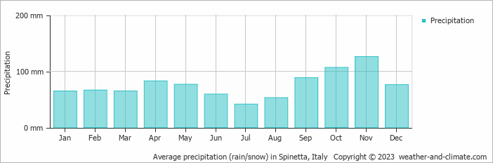 Average monthly rainfall, snow, precipitation in Spinetta, Italy