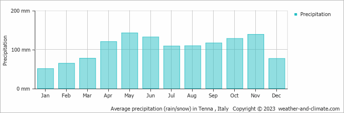 Average monthly rainfall, snow, precipitation in Tenna , Italy