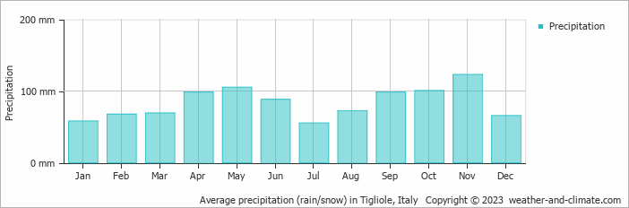 Average monthly rainfall, snow, precipitation in Tigliole, Italy