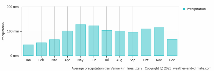 Average monthly rainfall, snow, precipitation in Tires, Italy
