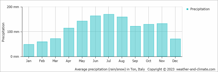 Average monthly rainfall, snow, precipitation in Ton, Italy