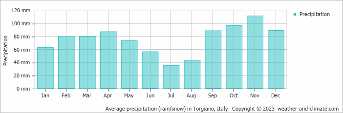 Average monthly rainfall, snow, precipitation in Torgiano, Italy