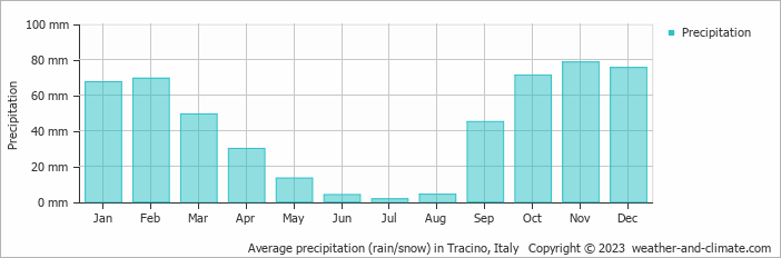 Average monthly rainfall, snow, precipitation in Tracino, 