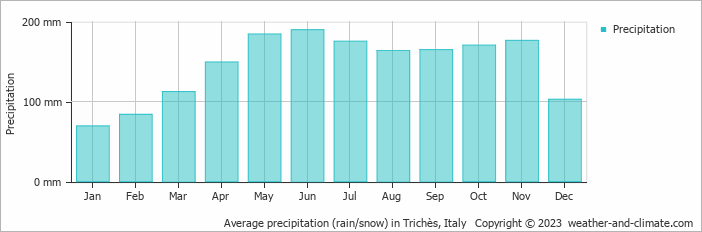 Average monthly rainfall, snow, precipitation in Trichès, Italy