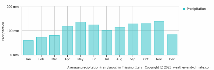 Average monthly rainfall, snow, precipitation in Trissino, Italy