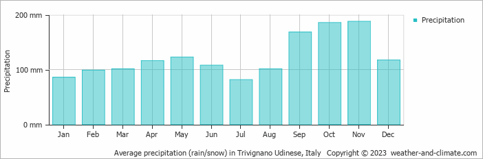 Average monthly rainfall, snow, precipitation in Trivignano Udinese, 