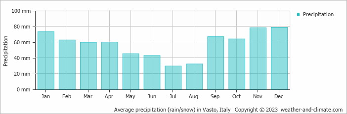 Average monthly rainfall, snow, precipitation in Vasto, 