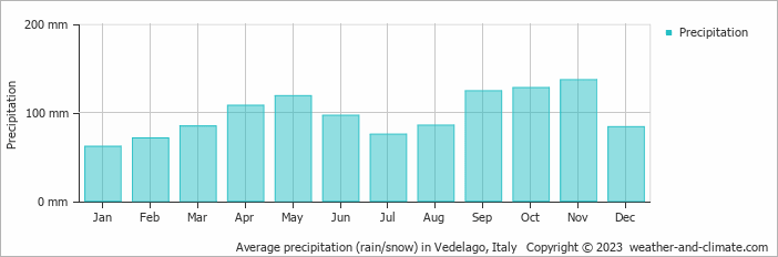 Average monthly rainfall, snow, precipitation in Vedelago, Italy