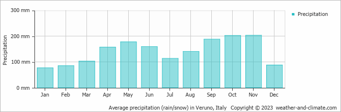 Average monthly rainfall, snow, precipitation in Veruno, Italy