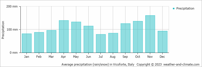Average monthly rainfall, snow, precipitation in Vicoforte, Italy