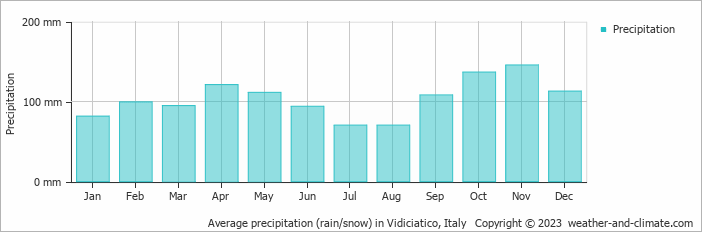 Average monthly rainfall, snow, precipitation in Vidiciatico, Italy