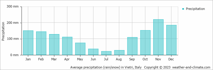 Average monthly rainfall, snow, precipitation in Vietri, Italy