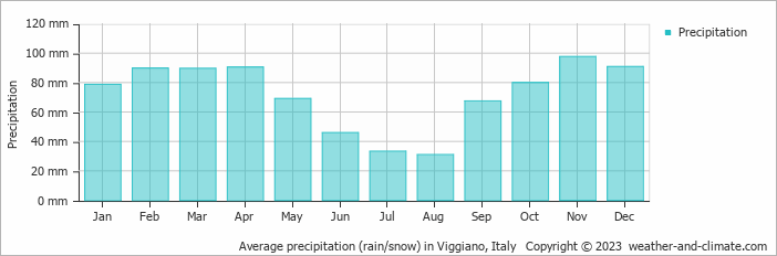 Average monthly rainfall, snow, precipitation in Viggiano, Italy