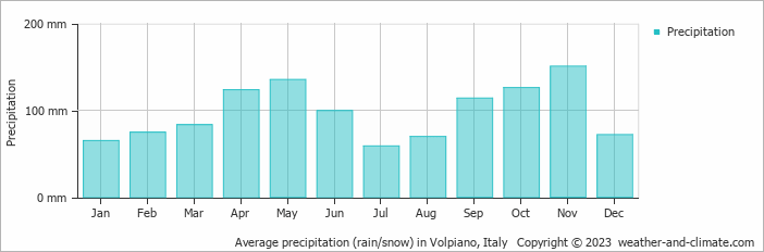 Average monthly rainfall, snow, precipitation in Volpiano, Italy