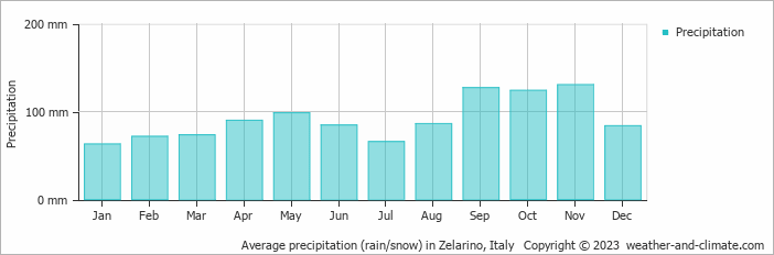 Average monthly rainfall, snow, precipitation in Zelarino, Italy