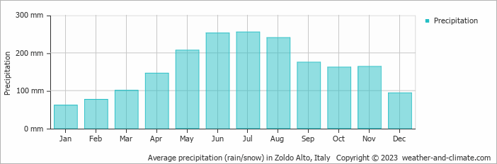 Average monthly rainfall, snow, precipitation in Zoldo Alto, 