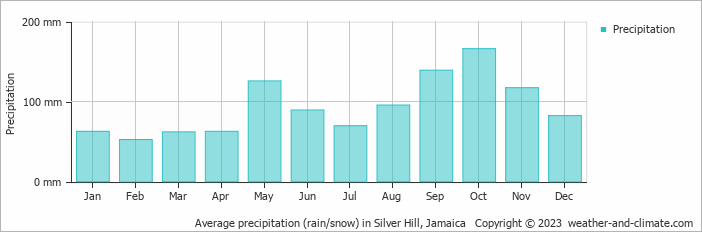 Average monthly rainfall, snow, precipitation in Silver Hill, Jamaica