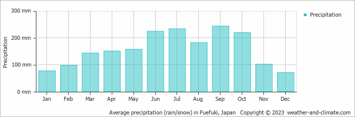 Average monthly rainfall, snow, precipitation in Fuefuki, Japan