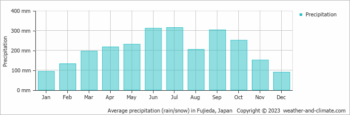 Average monthly rainfall, snow, precipitation in Fujieda, Japan