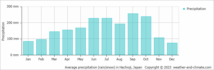 Average monthly rainfall, snow, precipitation in Hachioji, Japan