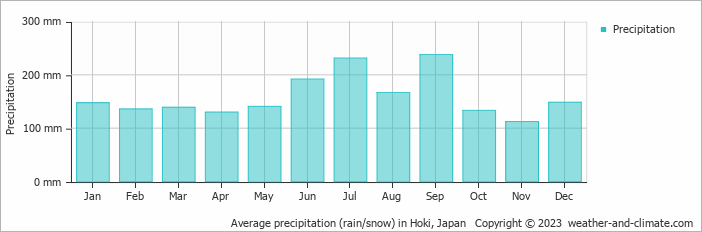 Average monthly rainfall, snow, precipitation in Hoki, Japan