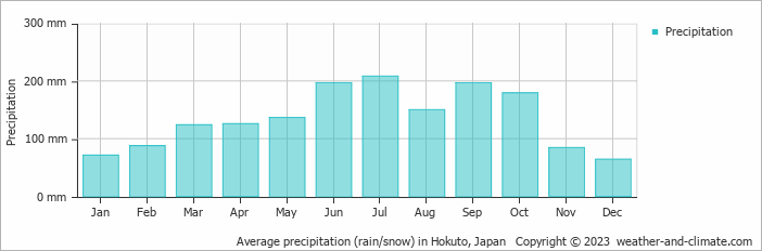 Average monthly rainfall, snow, precipitation in Hokuto, Japan
