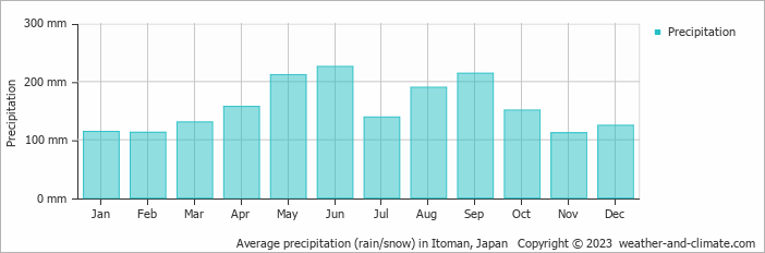 Average monthly rainfall, snow, precipitation in Itoman, 